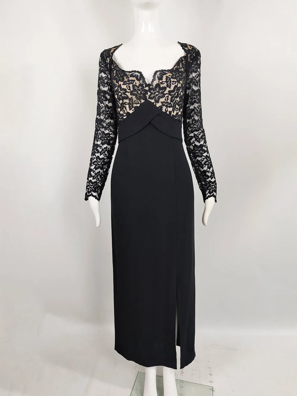 Bob Mackie Vintage Black Crepe & Lace Maxi Evening Gown