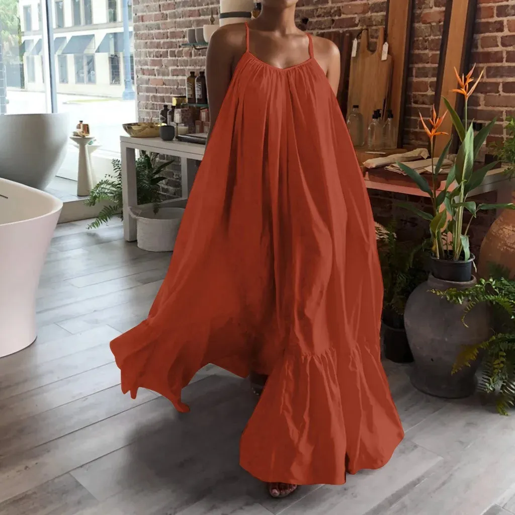 Bohemian Beach Sundress Sexy Sleeveless Backless Big Swing Maxi Long Dress Strapless Ruffles Midi Dresses Vacation Vestidos