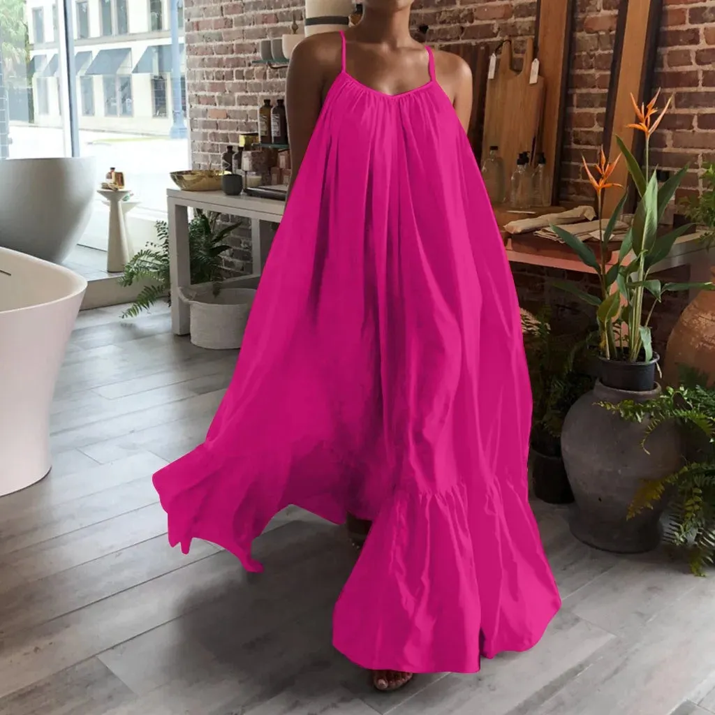 Bohemian Beach Sundress Sexy Sleeveless Backless Big Swing Maxi Long Dress Strapless Ruffles Midi Dresses Vacation Vestidos