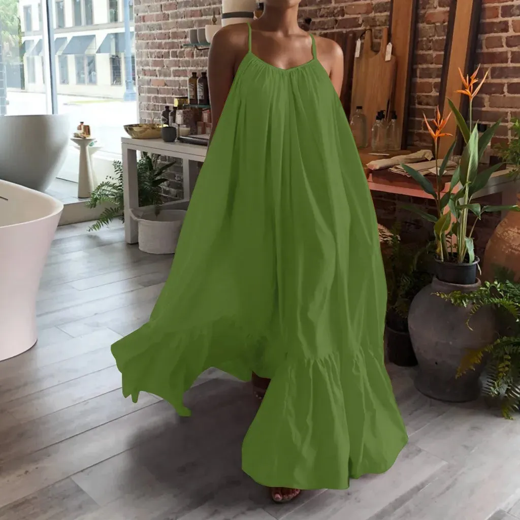 Bohemian Beach Sundress Sexy Sleeveless Backless Big Swing Maxi Long Dress Strapless Ruffles Midi Dresses Vacation Vestidos