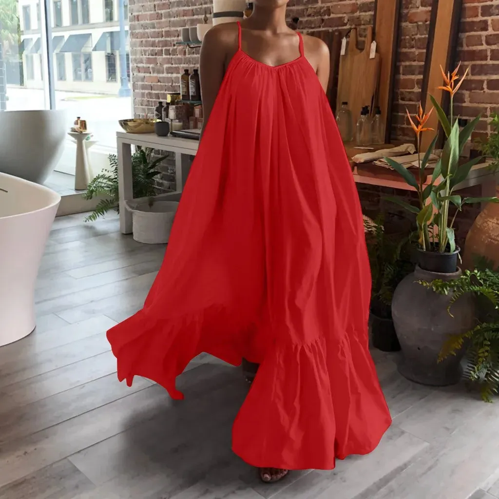 Bohemian Beach Sundress Sexy Sleeveless Backless Big Swing Maxi Long Dress Strapless Ruffles Midi Dresses Vacation Vestidos