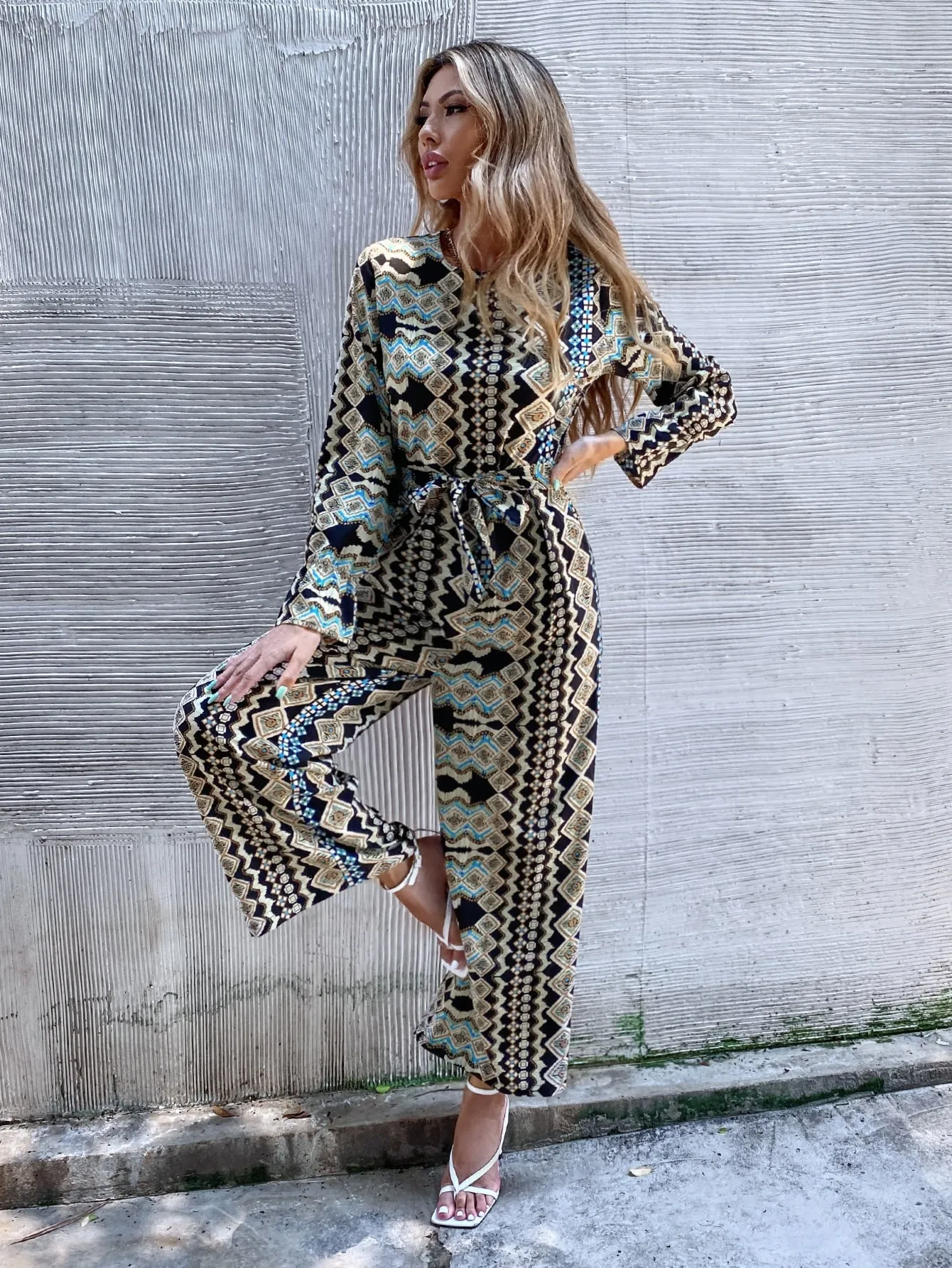 Boho Geometric Belted Long Sleeve Round Neck Natural Long Women Jumpsuit