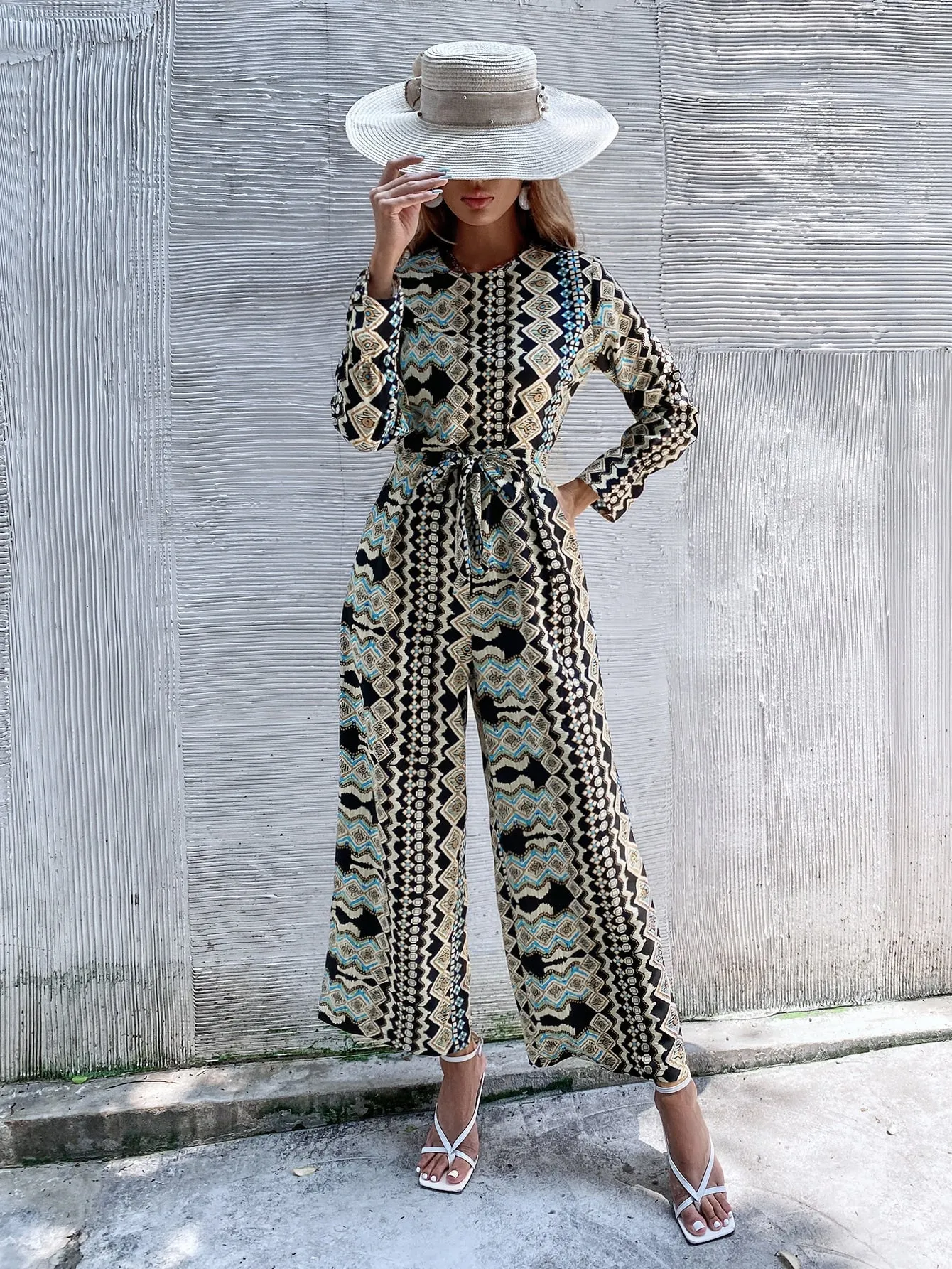 Boho Geometric Belted Long Sleeve Round Neck Natural Long Women Jumpsuit