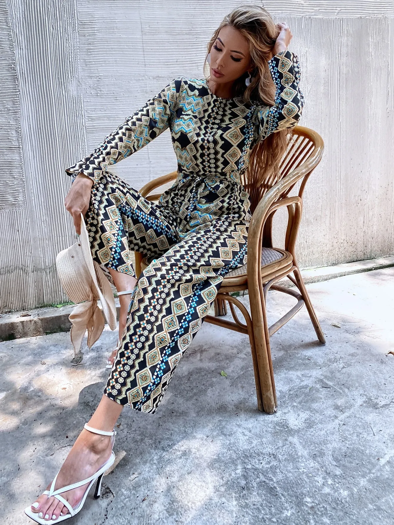 Boho Geometric Belted Long Sleeve Round Neck Natural Long Women Jumpsuit