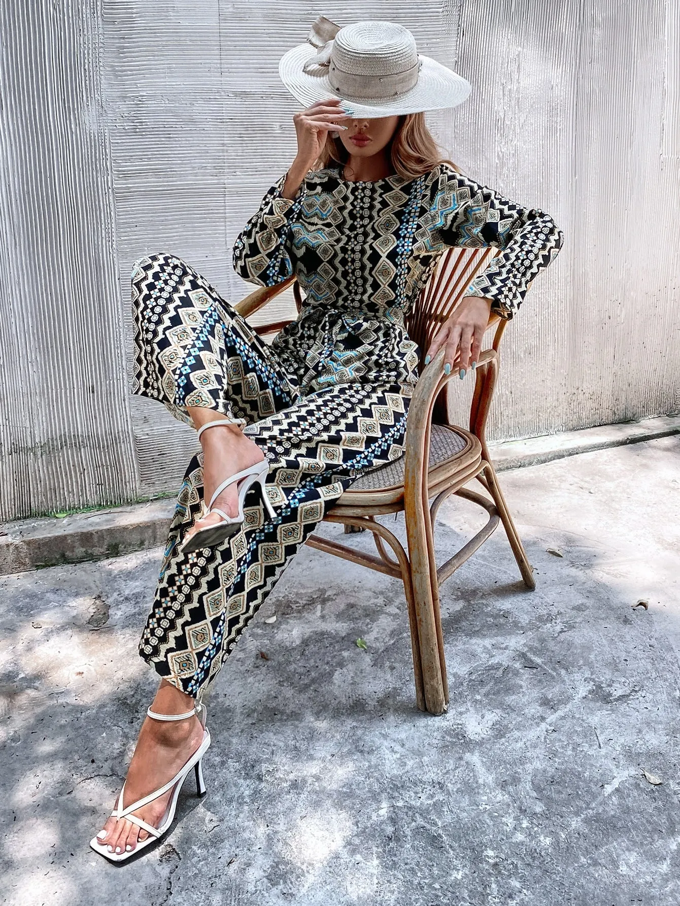 Boho Geometric Belted Long Sleeve Round Neck Natural Long Women Jumpsuit