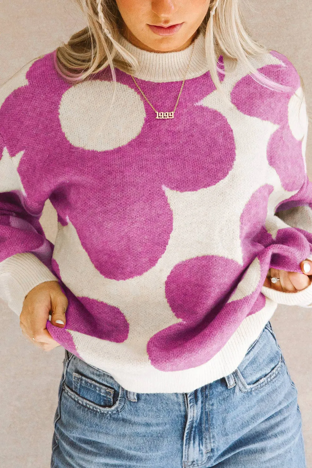 Bright Pink Big Flower Pattern Drop Shoulder Sweater