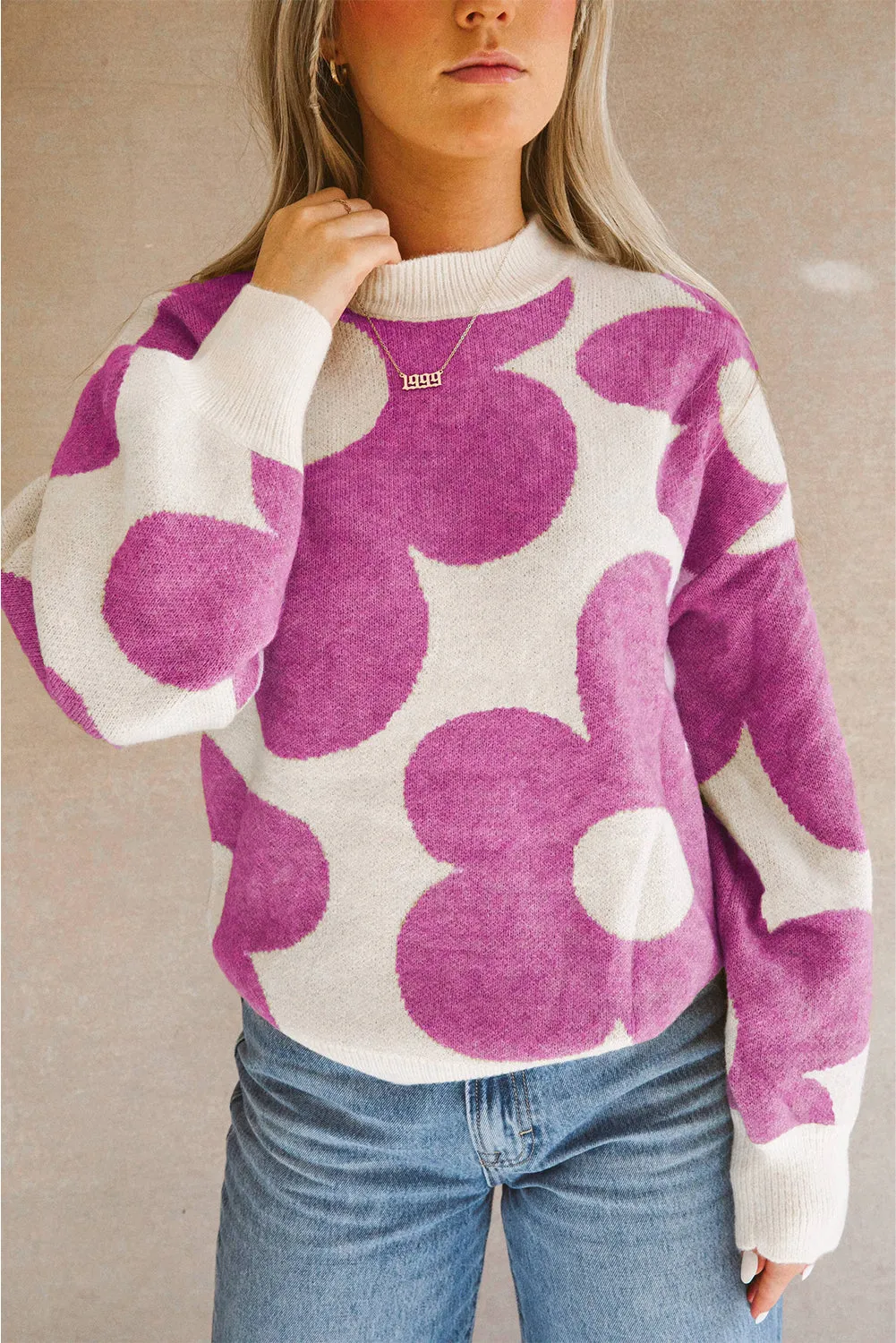 Bright Pink Big Flower Pattern Drop Shoulder Sweater