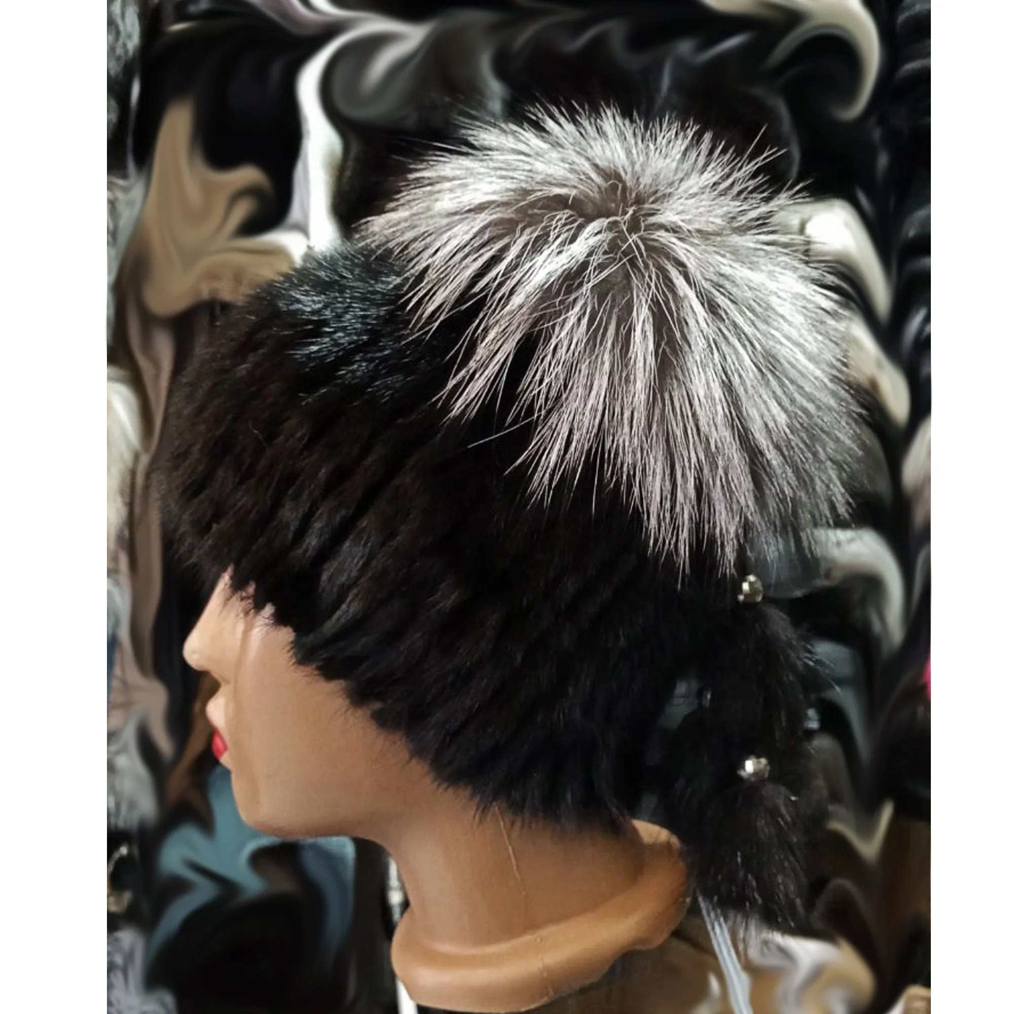 BY ORDER Women Mink and Silver fox Fur Hat, Mink Fur Hat, Stretchy Mink Fur hat, Double color Knit Fur Hat, Mink Fur Hat Large Pom Pom, Girl