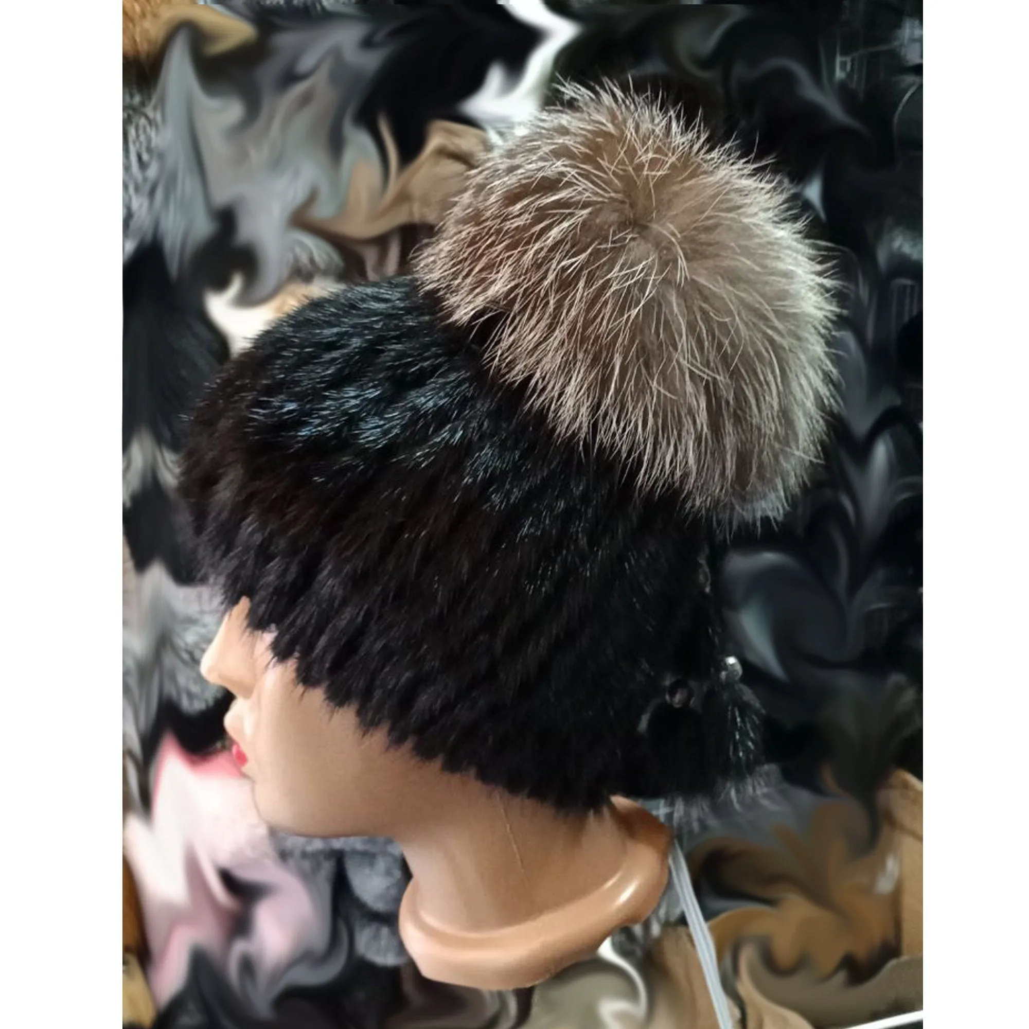 BY ORDER Women Mink and Silver fox Fur Hat, Mink Fur Hat, Stretchy Mink Fur hat, Double color Knit Fur Hat, Mink Fur Hat Large Pom Pom, Girl