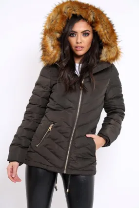 Charcoal Padded Coat With Faux Fur Trim Hood - Jocelyn