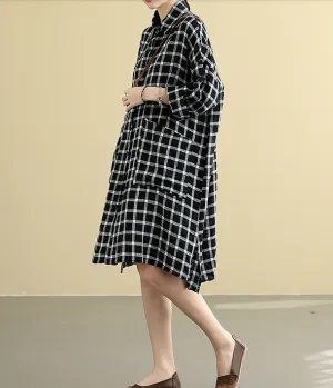 Checked  Summer  Linen Spring Women loose Shirts Dresses DZA05095