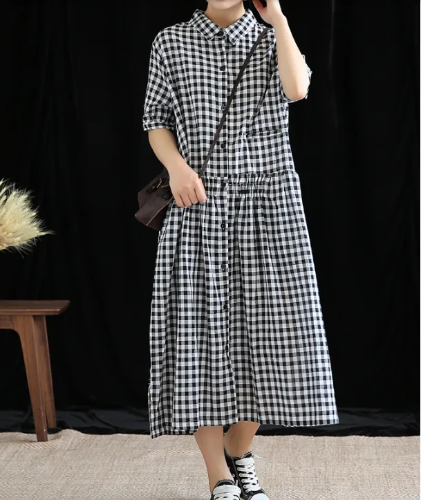 Checked Summer Spring Cotton Linen Women Dresses DZA20674