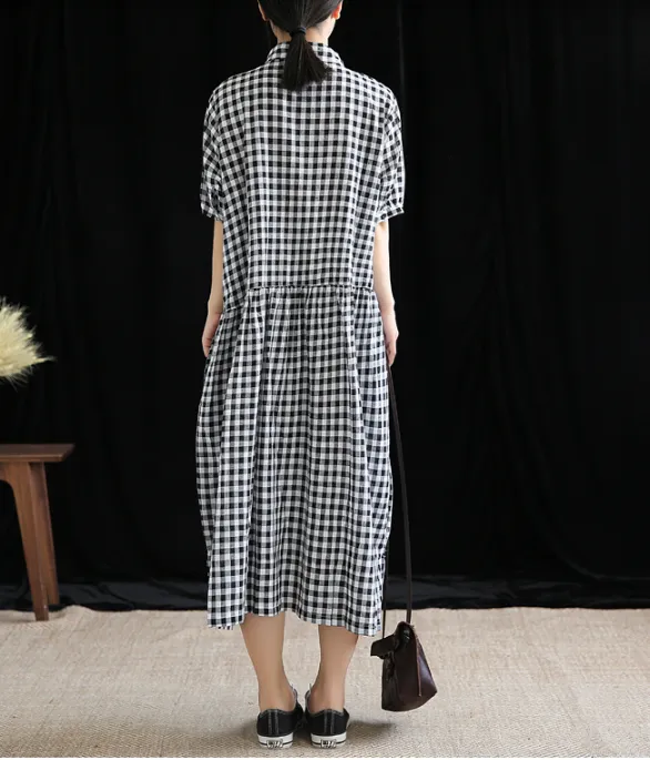 Checked Summer Spring Cotton Linen Women Dresses DZA20674