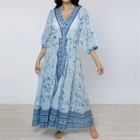 Cherry Blossom Print V-Neck Loose Maxi Dress in China Blue