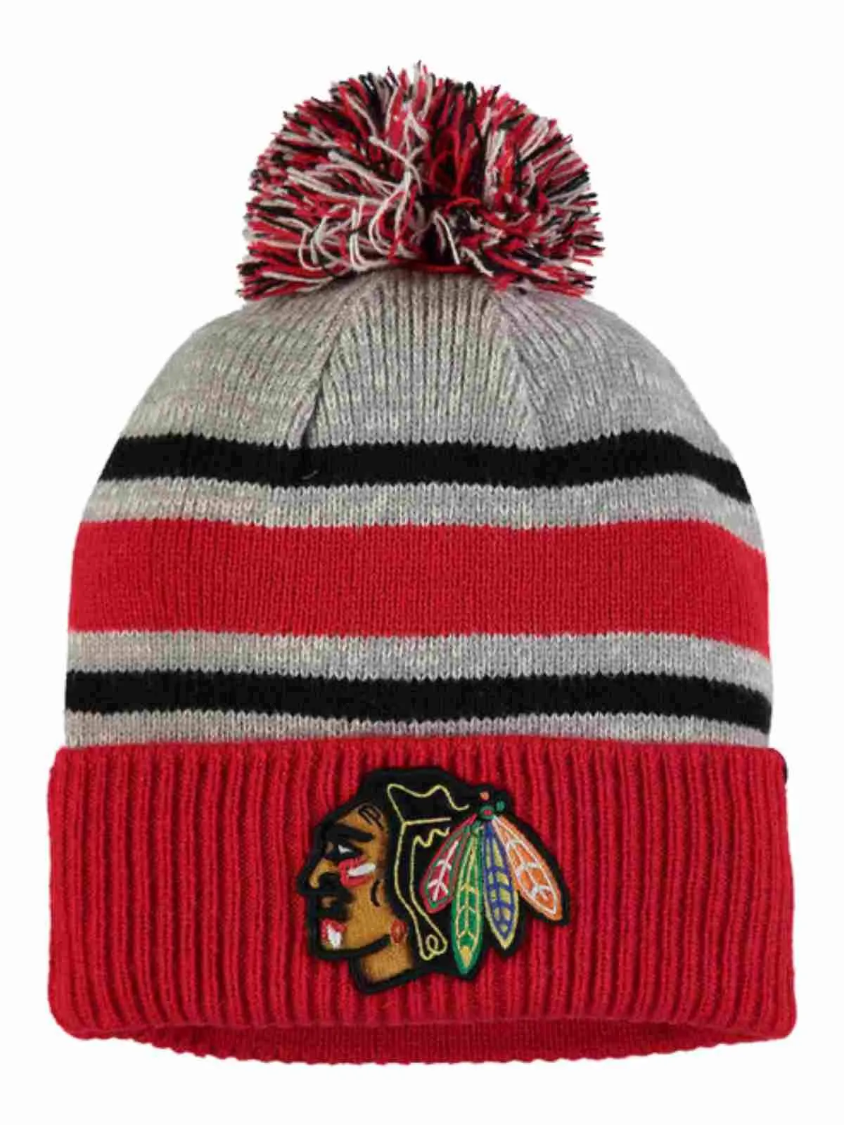 Chicago Blackhawks Fanatics Tri-Tone Red Gray Black Cuff Poofball Beanie Hat Cap