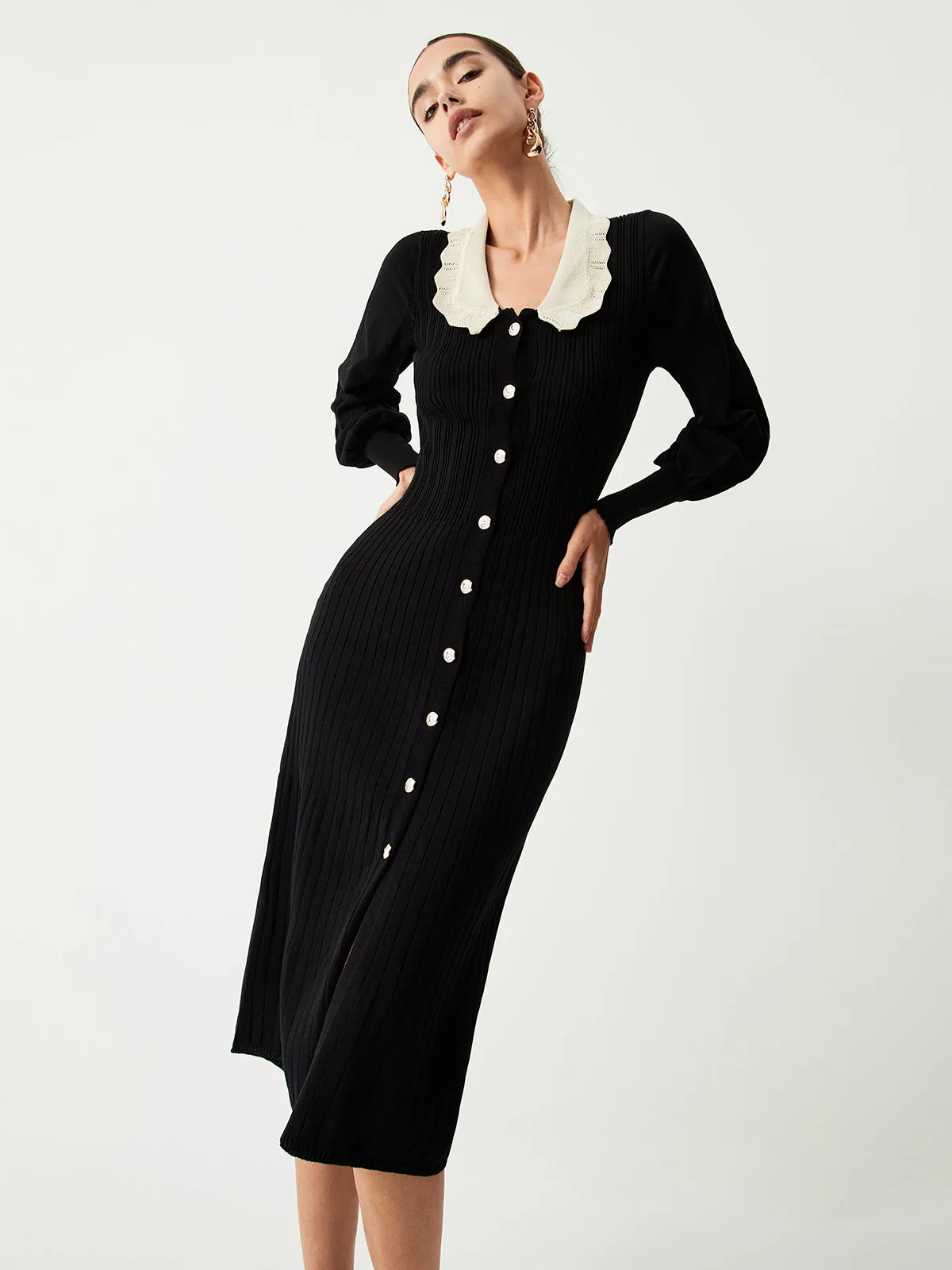 Contrast Eyelet Collar Long Modern Sleeve Midi Sweater Dress