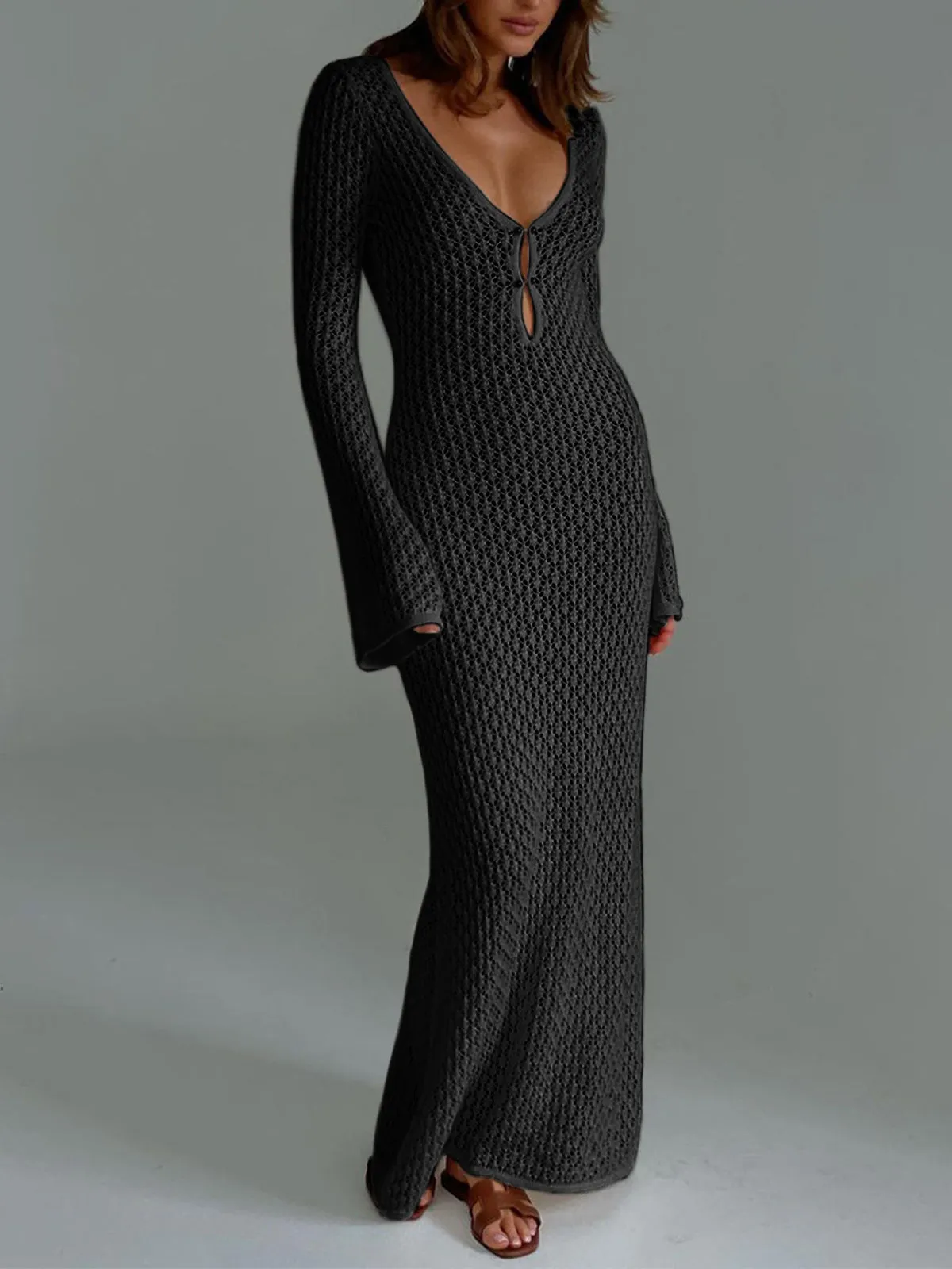 Cover Up Long Sleeve Modern Open Back Long Dress