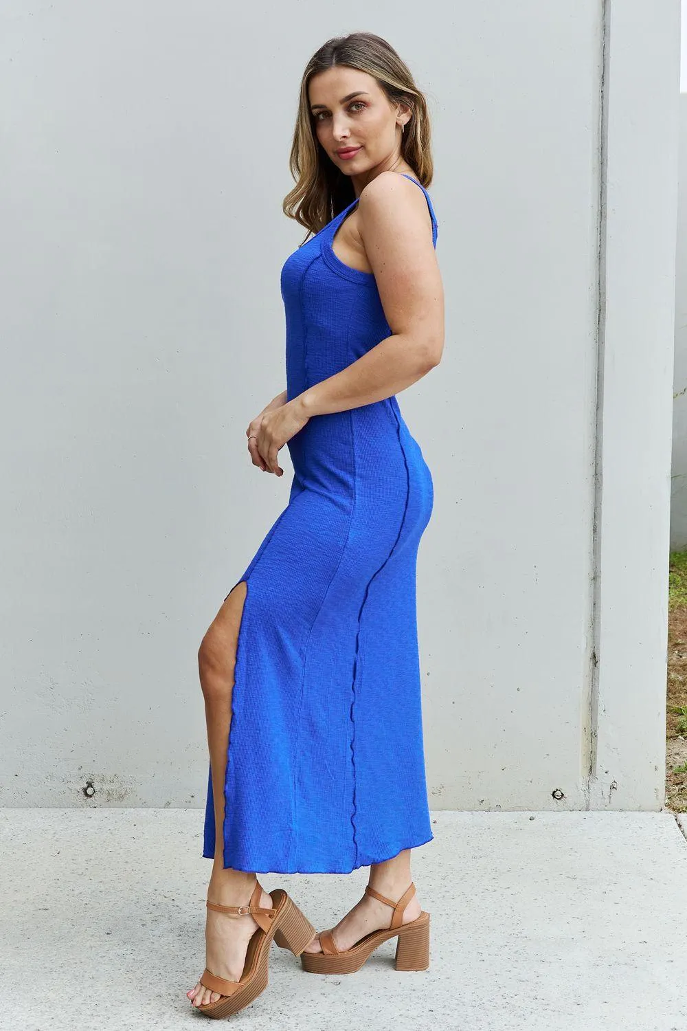 Culture Code Look At Me Full Size Notch Neck Maxi Dress with Slit in Cobalt Blue