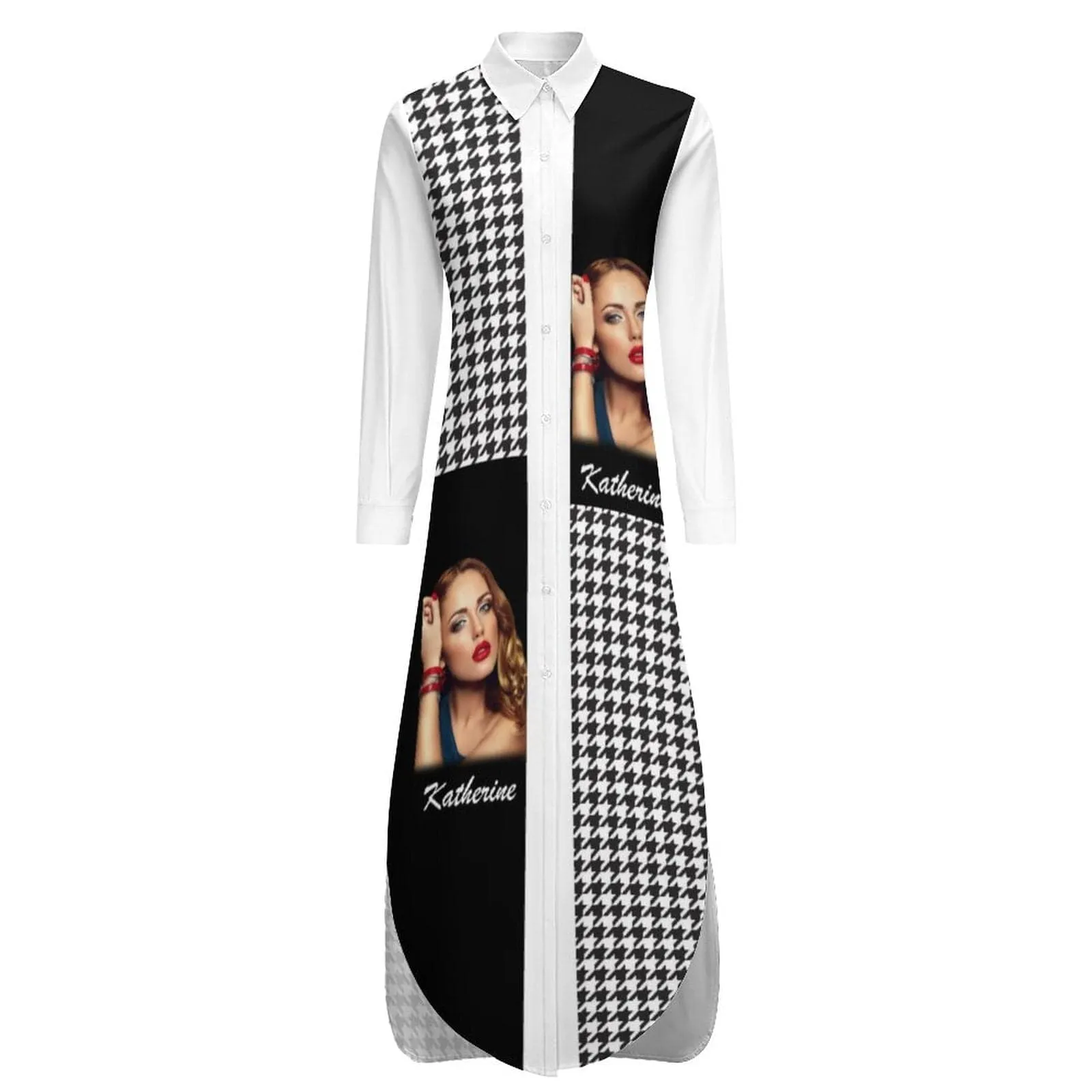 Custom Face & Name Black White Houndstooth Women's Long Sleeved Shirt Dress Casual Loose Maxi Dresses