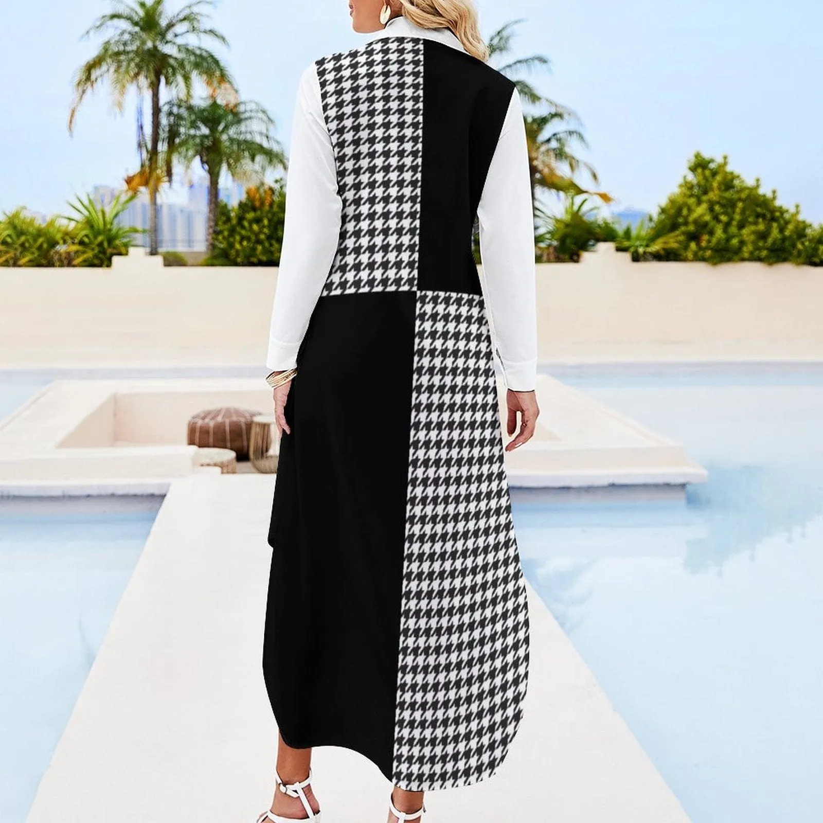 Custom Face & Name Black White Houndstooth Women's Long Sleeved Shirt Dress Casual Loose Maxi Dresses