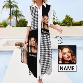 Custom Face & Name Black White Houndstooth Women's Long Sleeved Shirt Dress Casual Loose Maxi Dresses