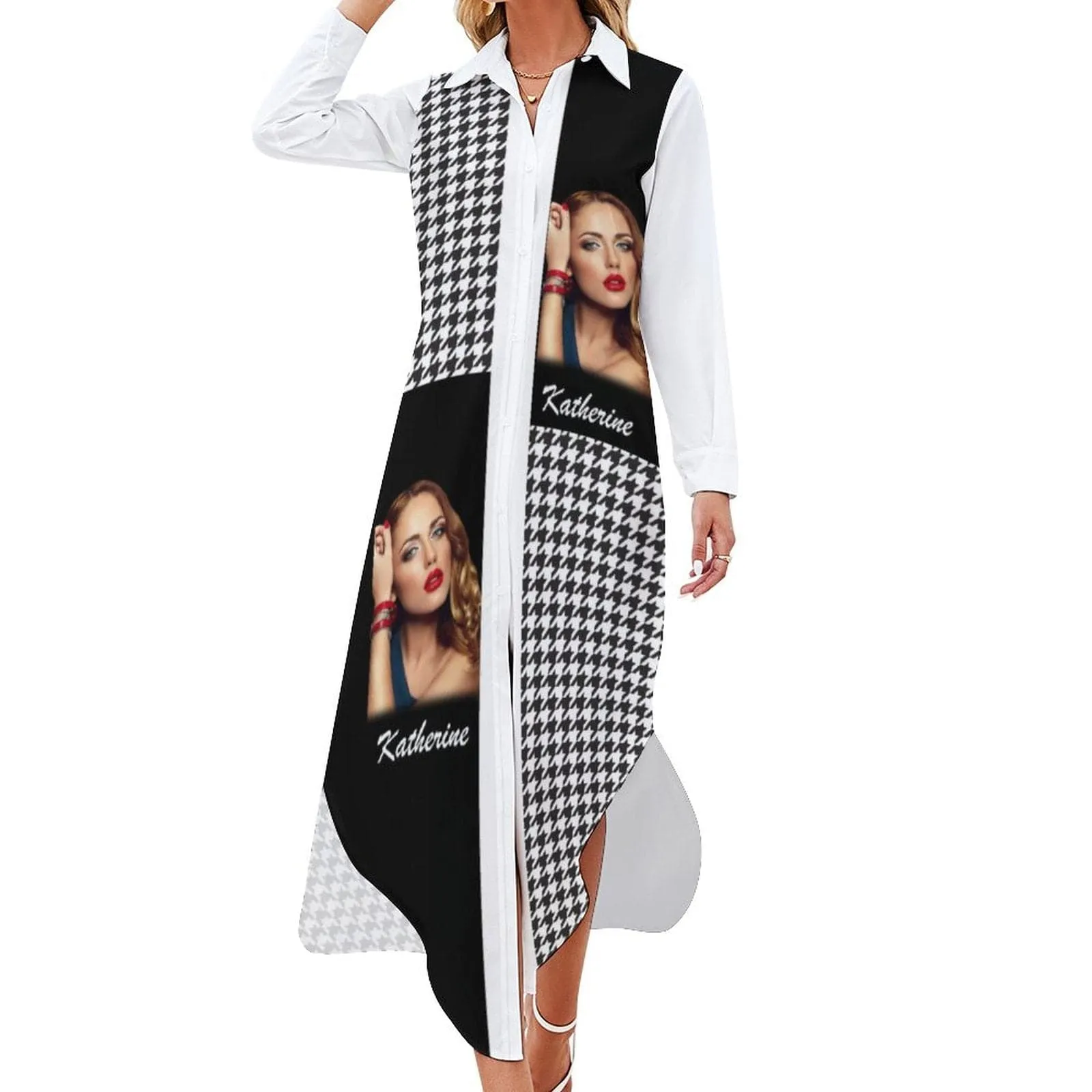 Custom Face & Name Black White Houndstooth Women's Long Sleeved Shirt Dress Casual Loose Maxi Dresses