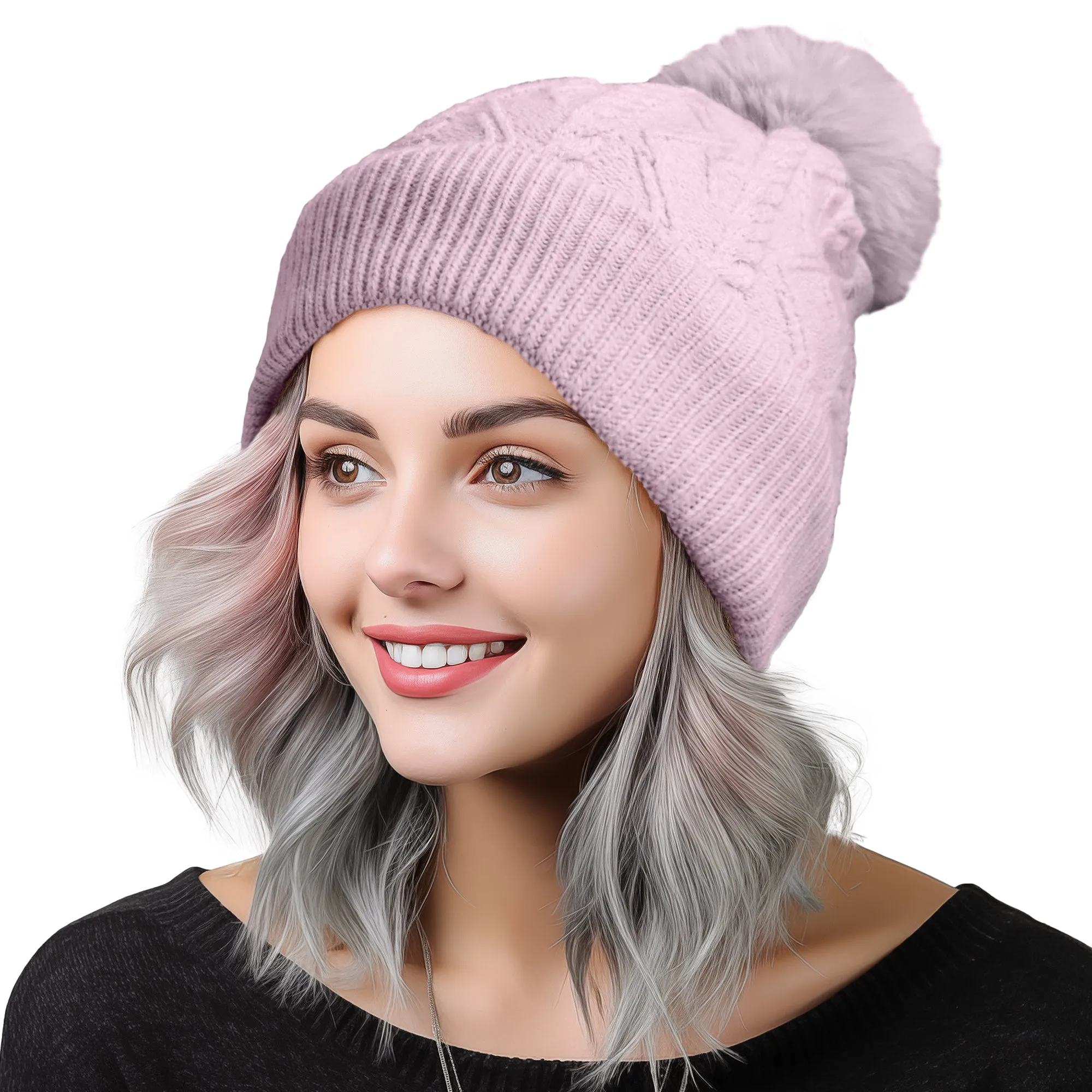 Dalix Cable Knit Pom Beanie