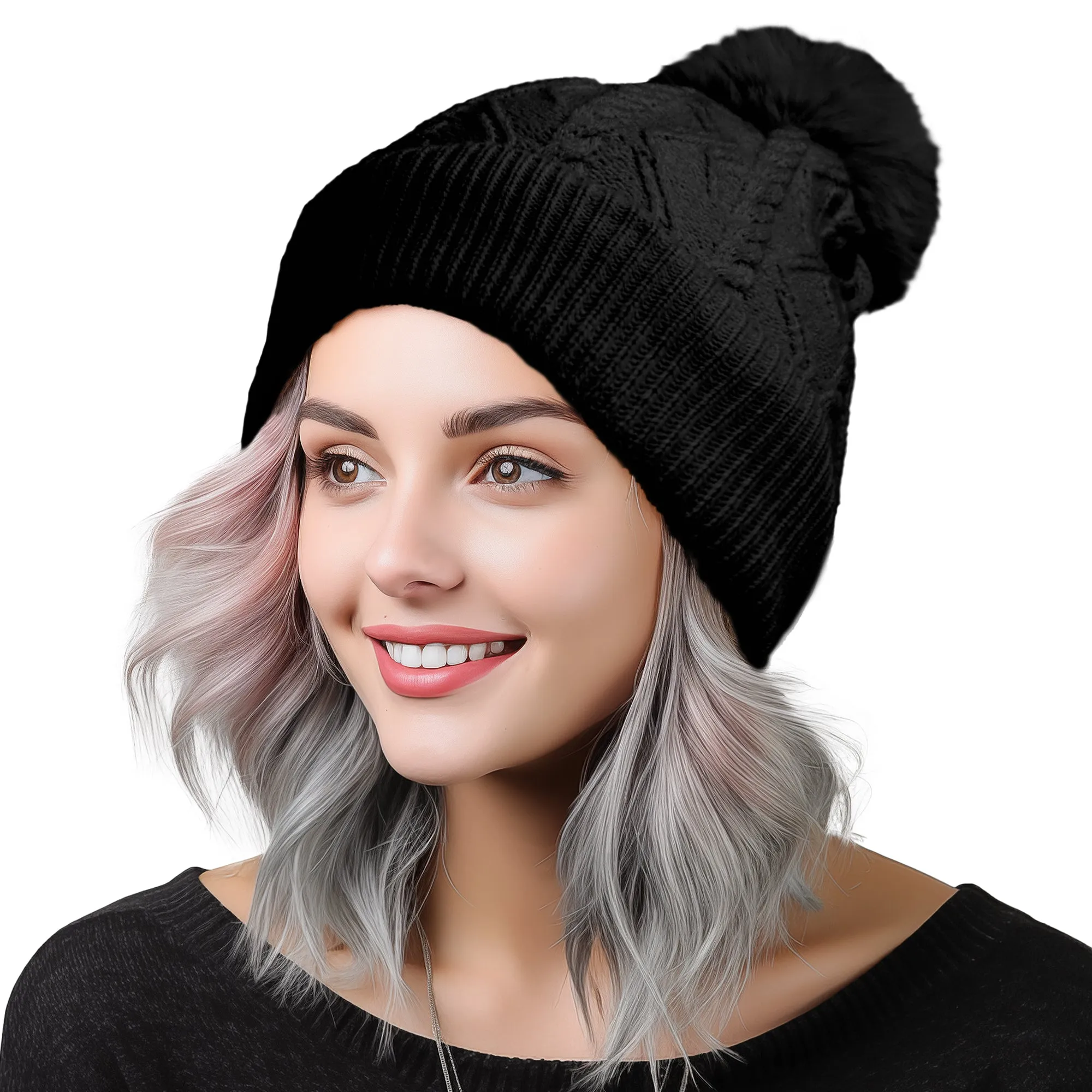 Dalix Cable Knit Pom Beanie