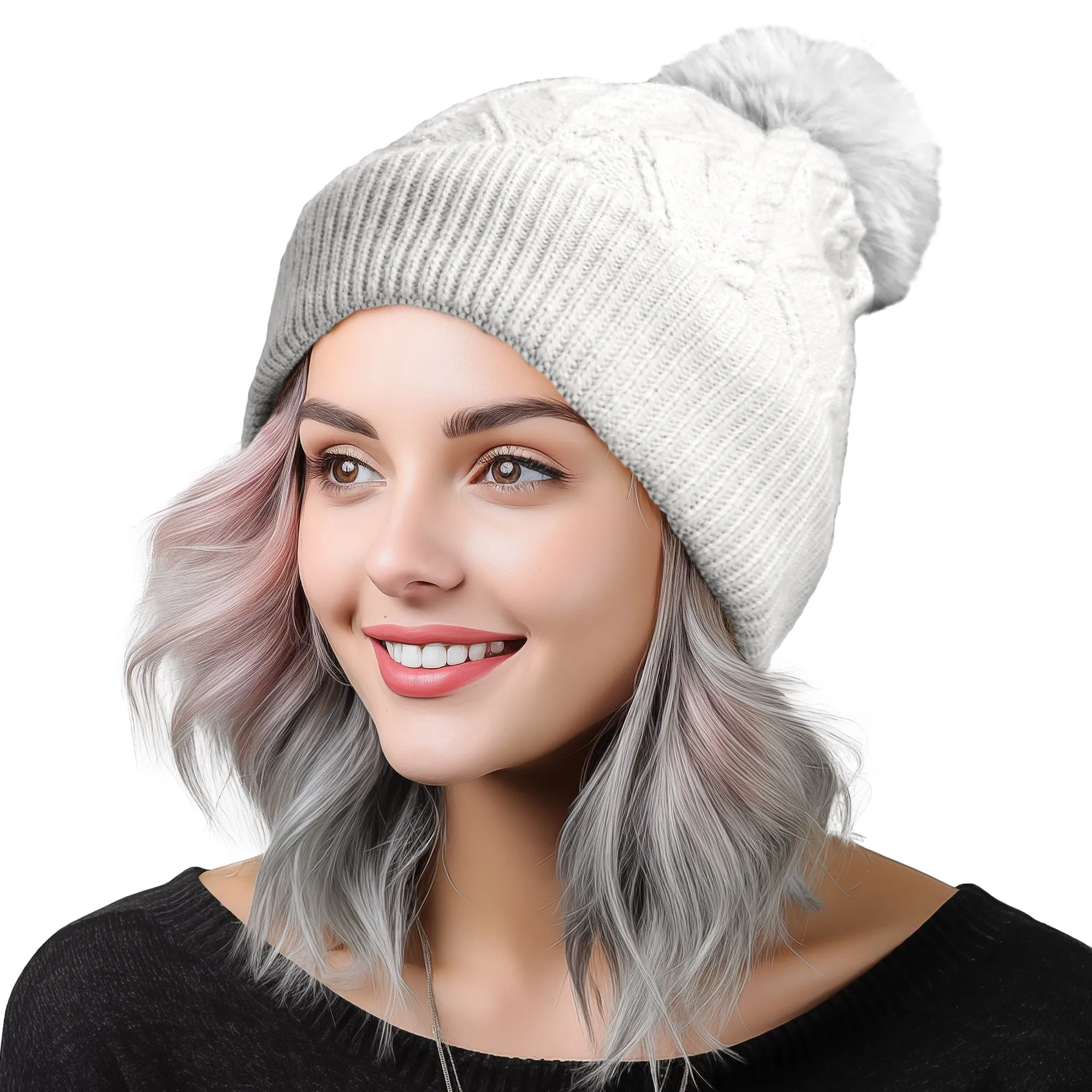 Dalix Cable Knit Pom Beanie