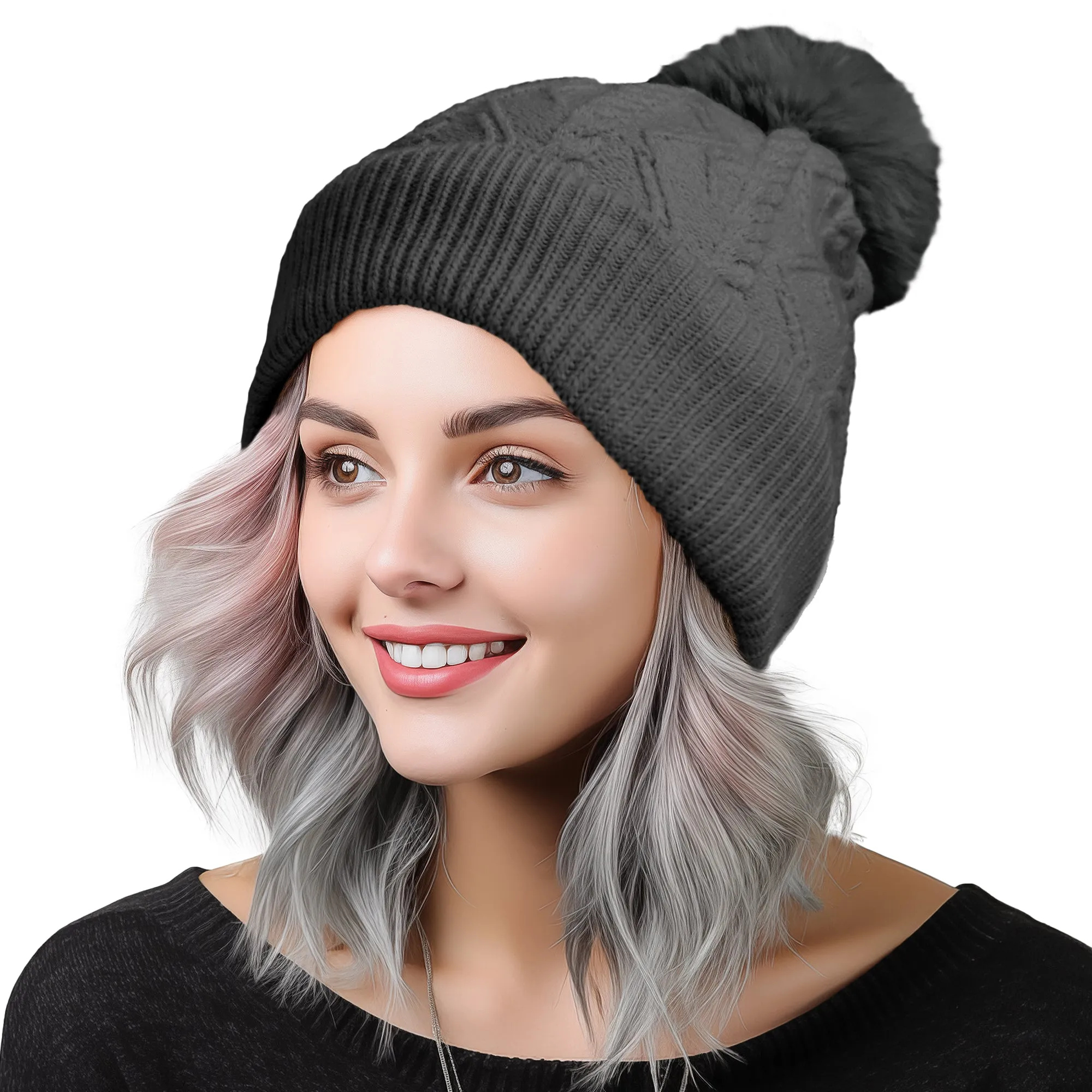 Dalix Cable Knit Pom Beanie