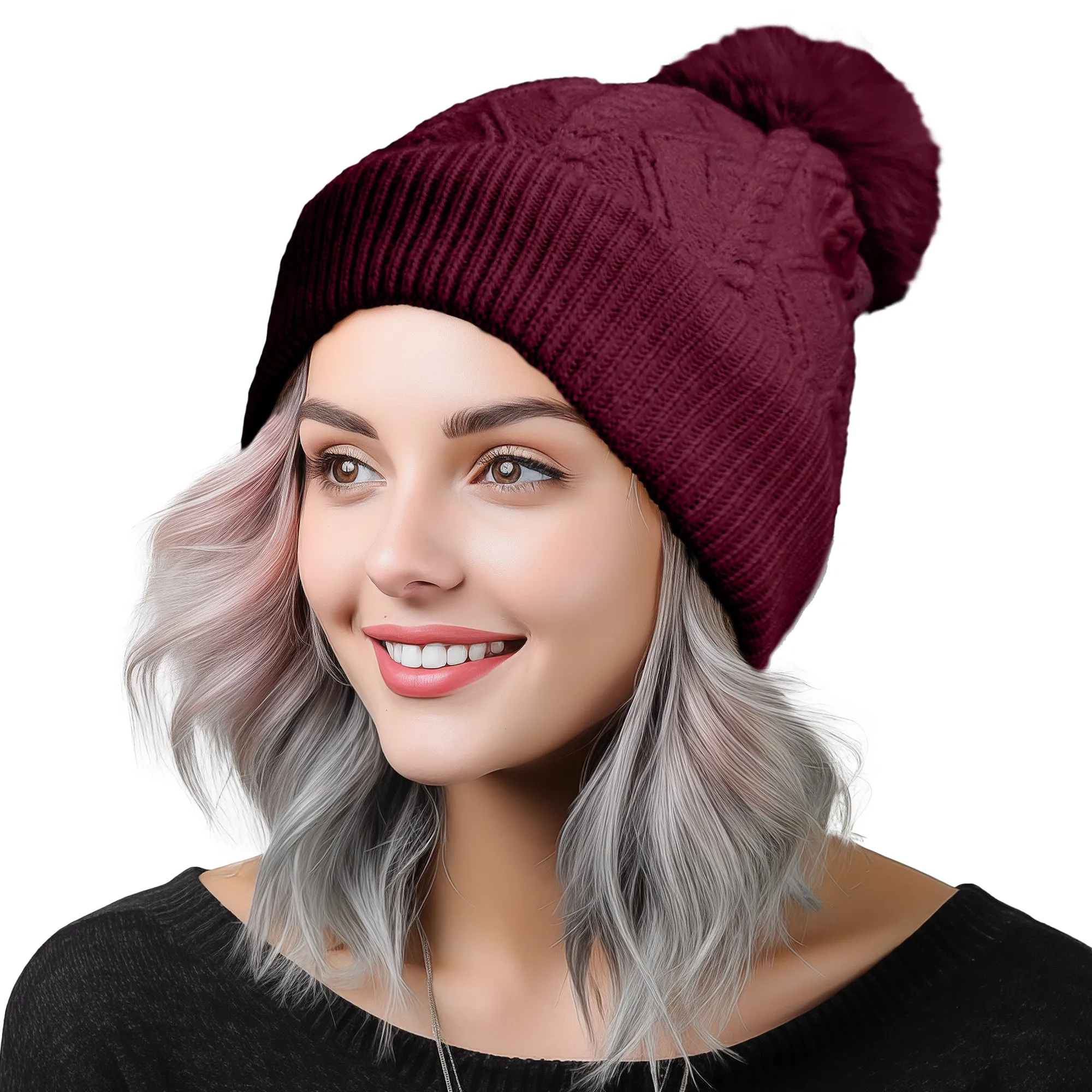 Dalix Cable Knit Pom Beanie