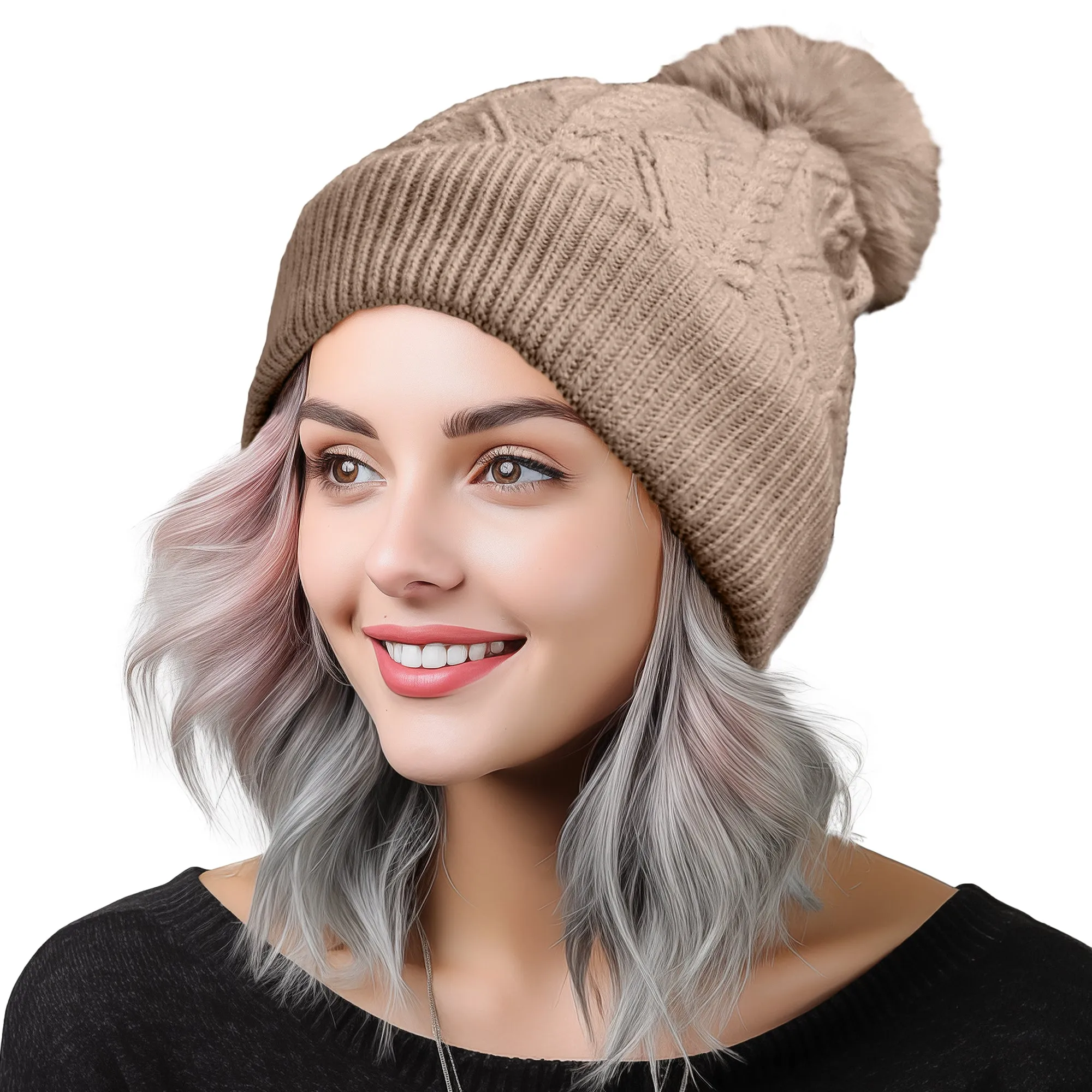 Dalix Cable Knit Pom Beanie