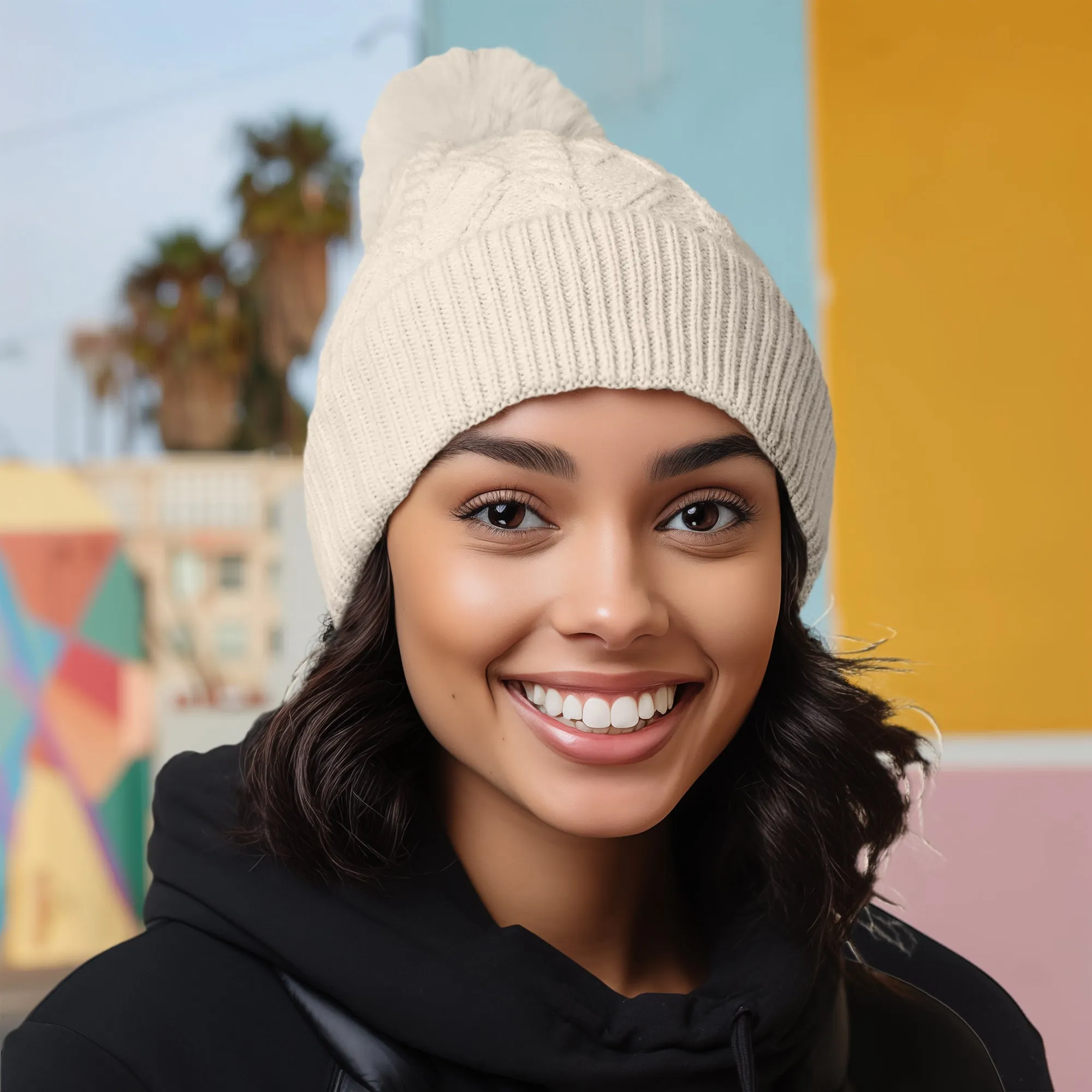 Dalix Cable Knit Pom Beanie