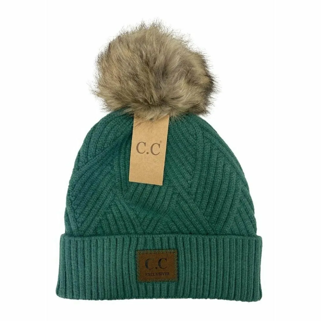 Diagonal Stripe Fur Pom Beanies (Multiple Colors)