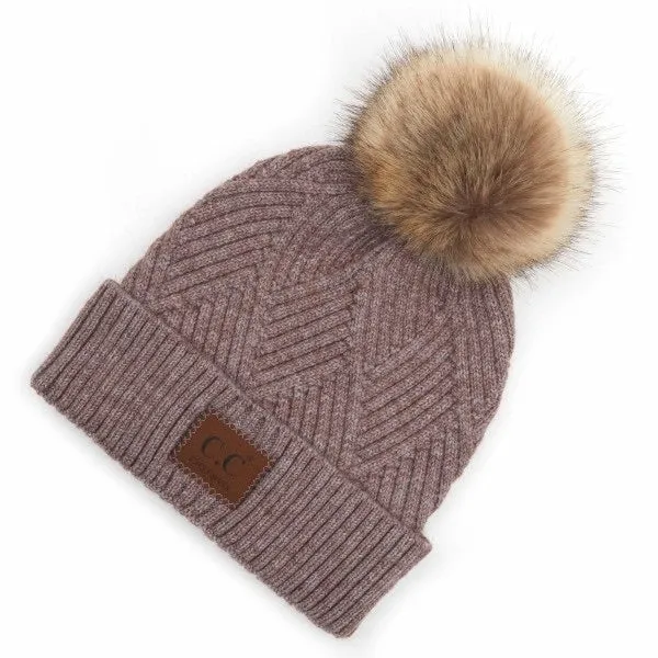 Diagonal Stripe Fur Pom Beanies (Multiple Colors)