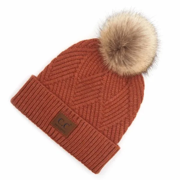 Diagonal Stripe Fur Pom Beanies (Multiple Colors)