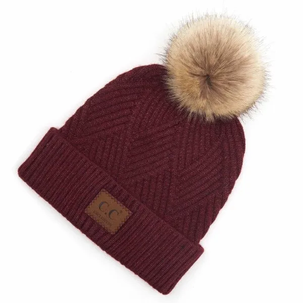 Diagonal Stripe Fur Pom Beanies (Multiple Colors)