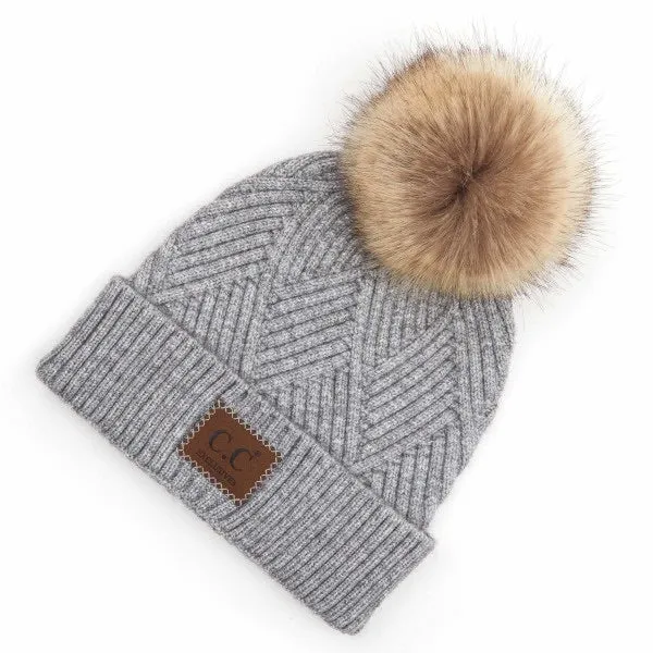 Diagonal Stripe Fur Pom Beanies (Multiple Colors)