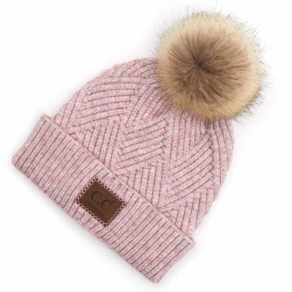 Diagonal Stripe Fur Pom Beanies (Multiple Colors)