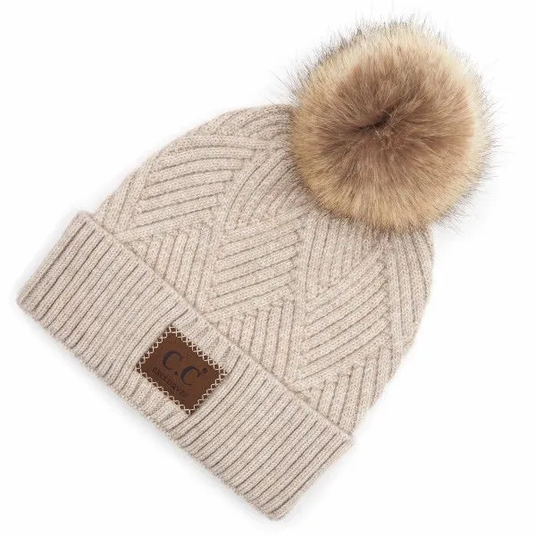 Diagonal Stripe Fur Pom Beanies (Multiple Colors)