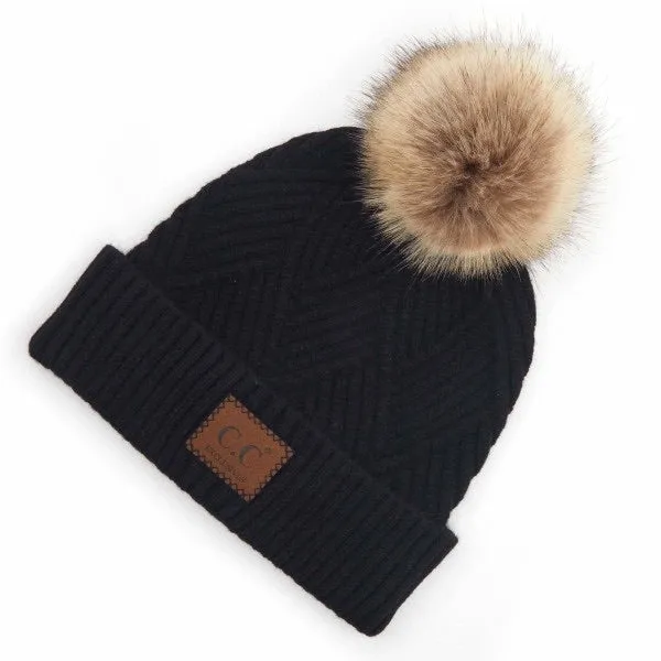 Diagonal Stripe Fur Pom Beanies (Multiple Colors)