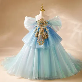 Dreamy Blue Princess Dress Fairy-Like Multi-Layer Tulle Dress Noble Embroidered Girl's Gown