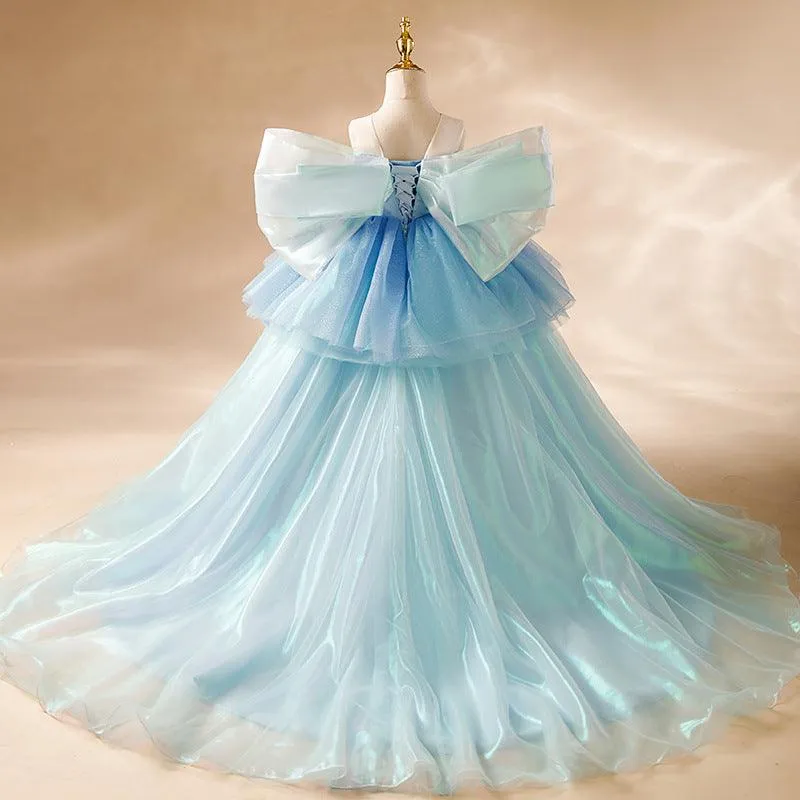 Dreamy Blue Princess Dress Fairy-Like Multi-Layer Tulle Dress Noble Embroidered Girl's Gown