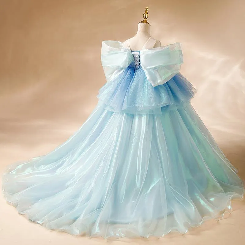 Dreamy Blue Princess Dress Fairy-Like Multi-Layer Tulle Dress Noble Embroidered Girl's Gown