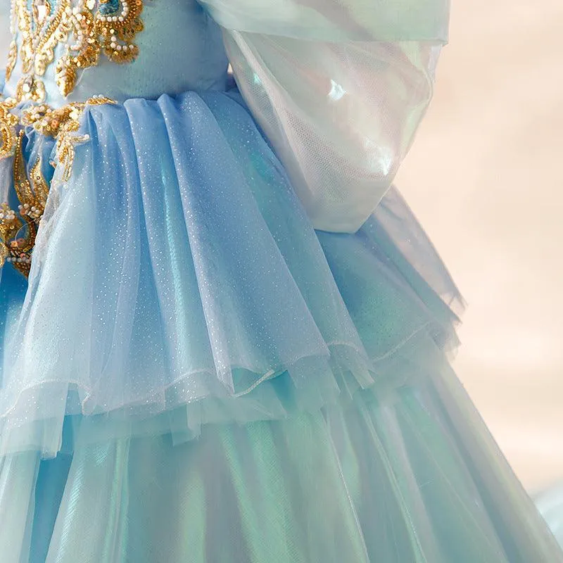 Dreamy Blue Princess Dress Fairy-Like Multi-Layer Tulle Dress Noble Embroidered Girl's Gown