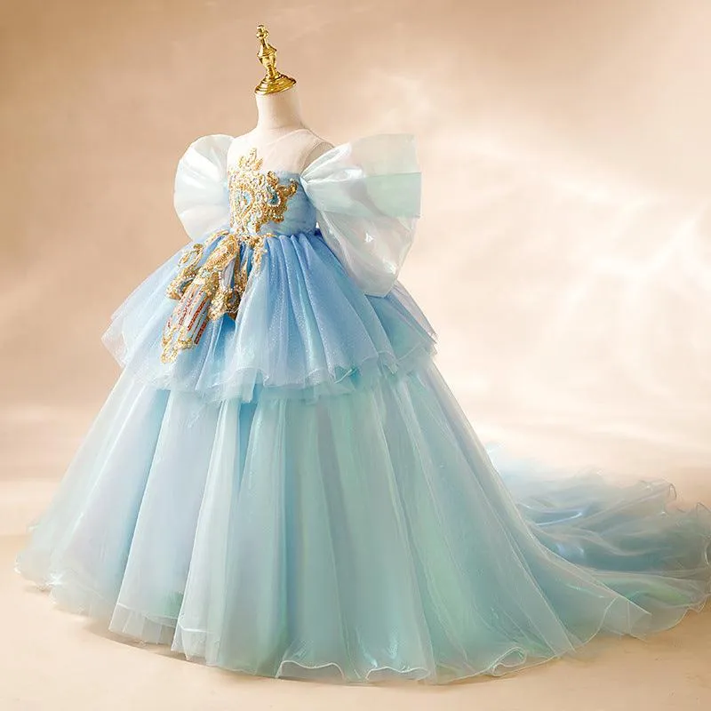 Dreamy Blue Princess Dress Fairy-Like Multi-Layer Tulle Dress Noble Embroidered Girl's Gown