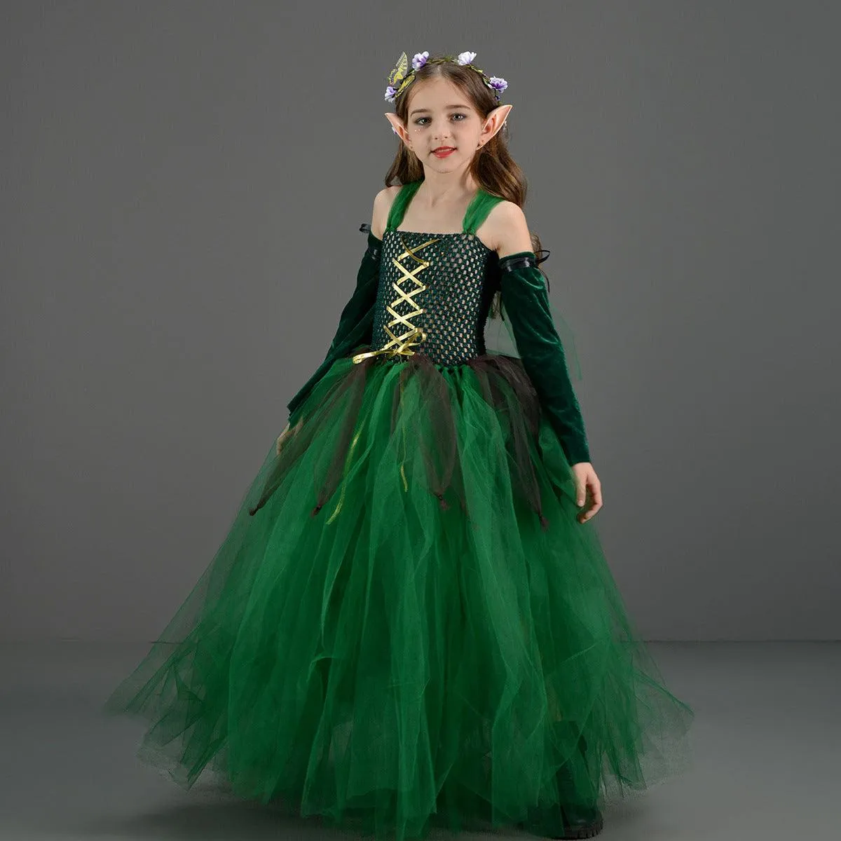 Dreamy girl princess dress green children's Halloween cosplay suspender girl princess dress ears headwear sleeve set