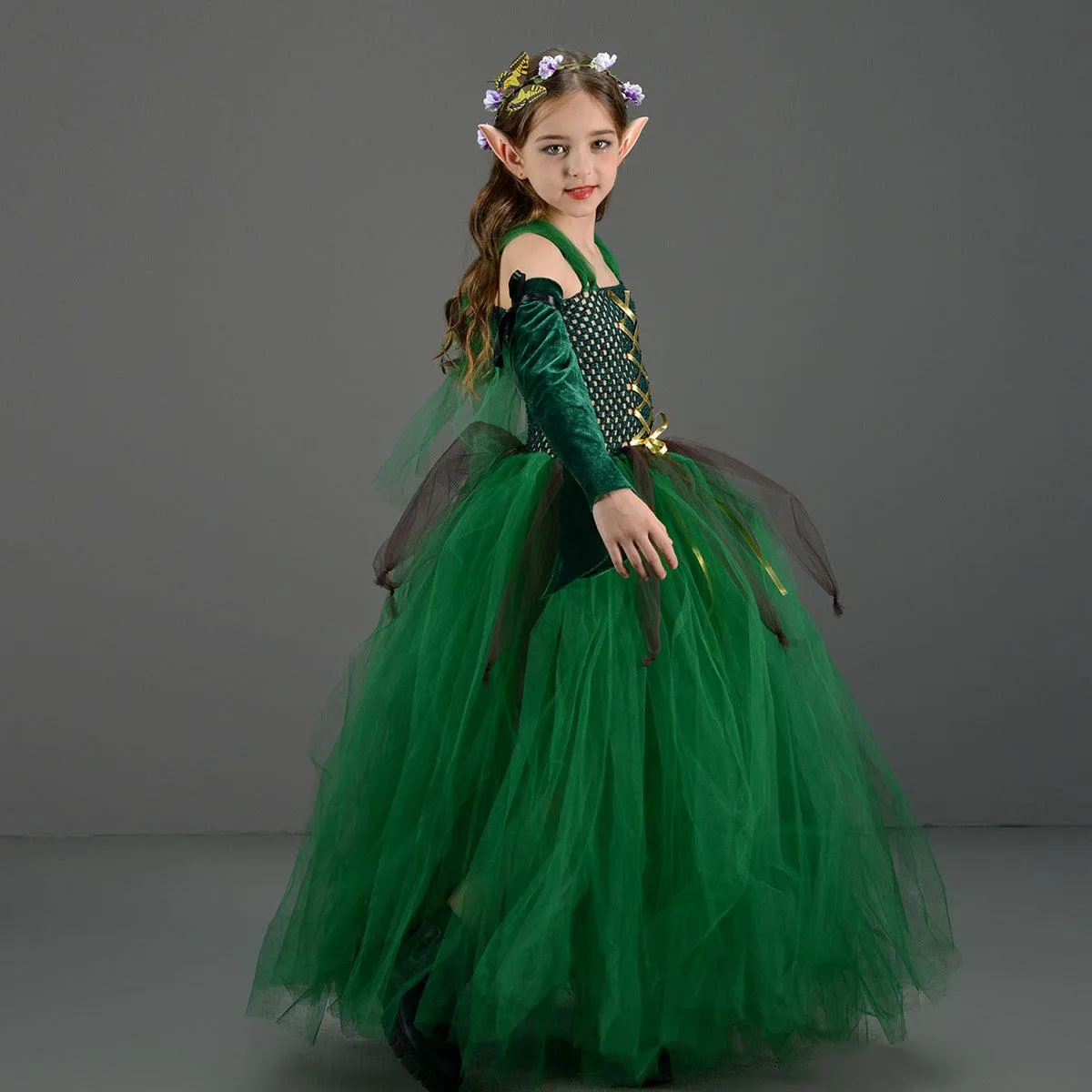 Dreamy girl princess dress green children's Halloween cosplay suspender girl princess dress ears headwear sleeve set