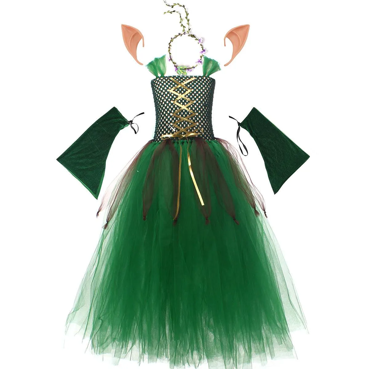 Dreamy girl princess dress green children's Halloween cosplay suspender girl princess dress ears headwear sleeve set