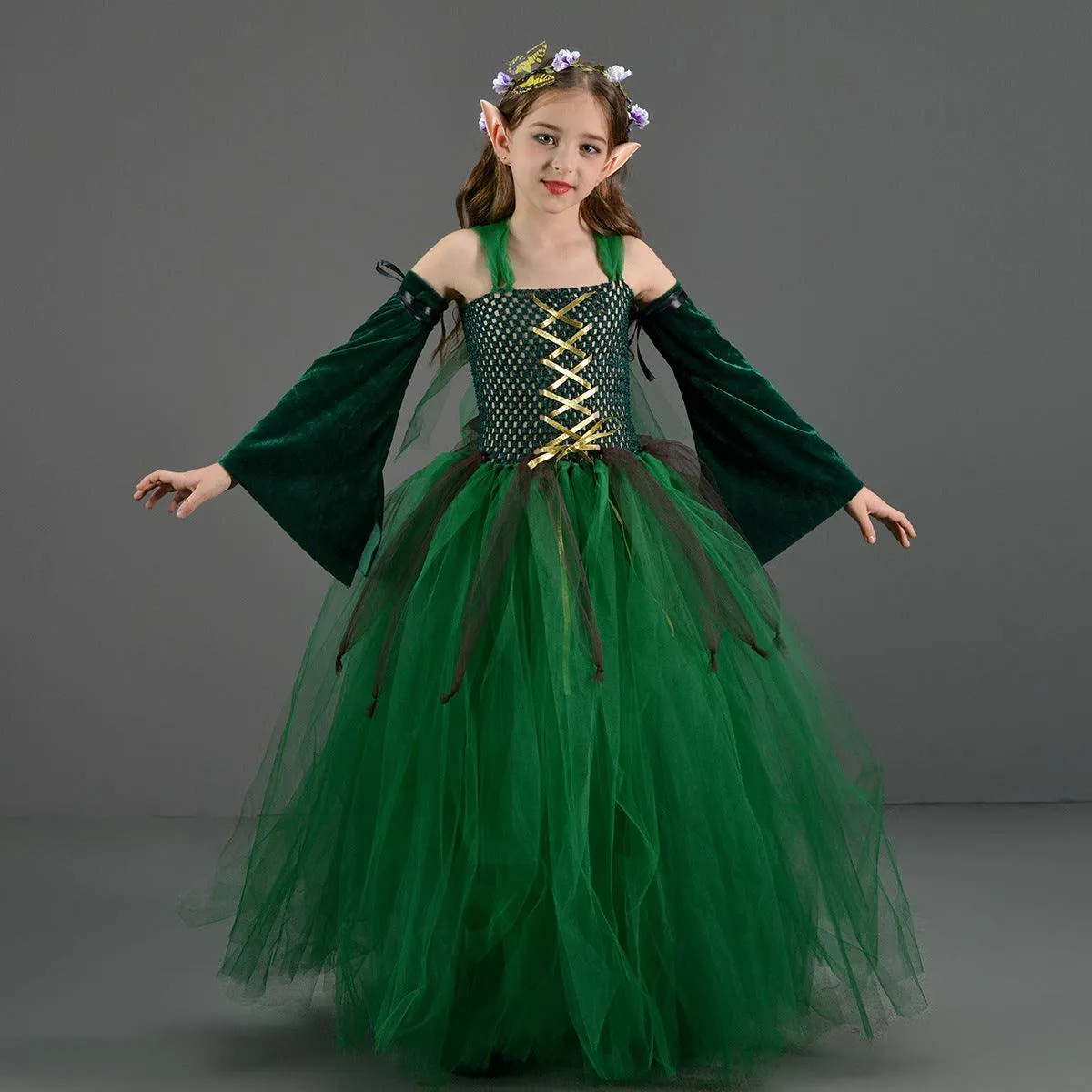 Dreamy girl princess dress green children's Halloween cosplay suspender girl princess dress ears headwear sleeve set